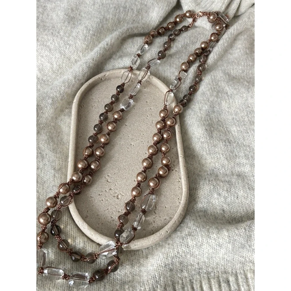 Copper Tone Multi Strand Beaded Necklace Faux Pearl Clear‎ Gray Beads Romantic